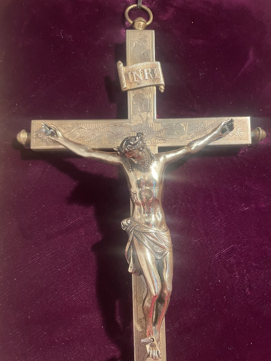 CROIX RELIQUAIRE BRONZE DORE DANS UN CADRE ITALIEN-photo-2