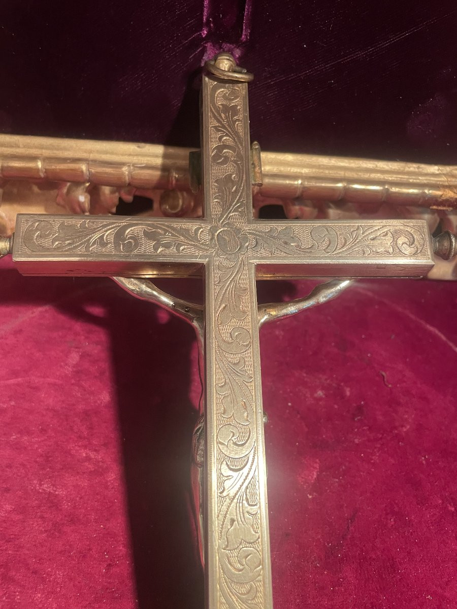 CROIX RELIQUAIRE BRONZE DORE DANS UN CADRE ITALIEN-photo-4