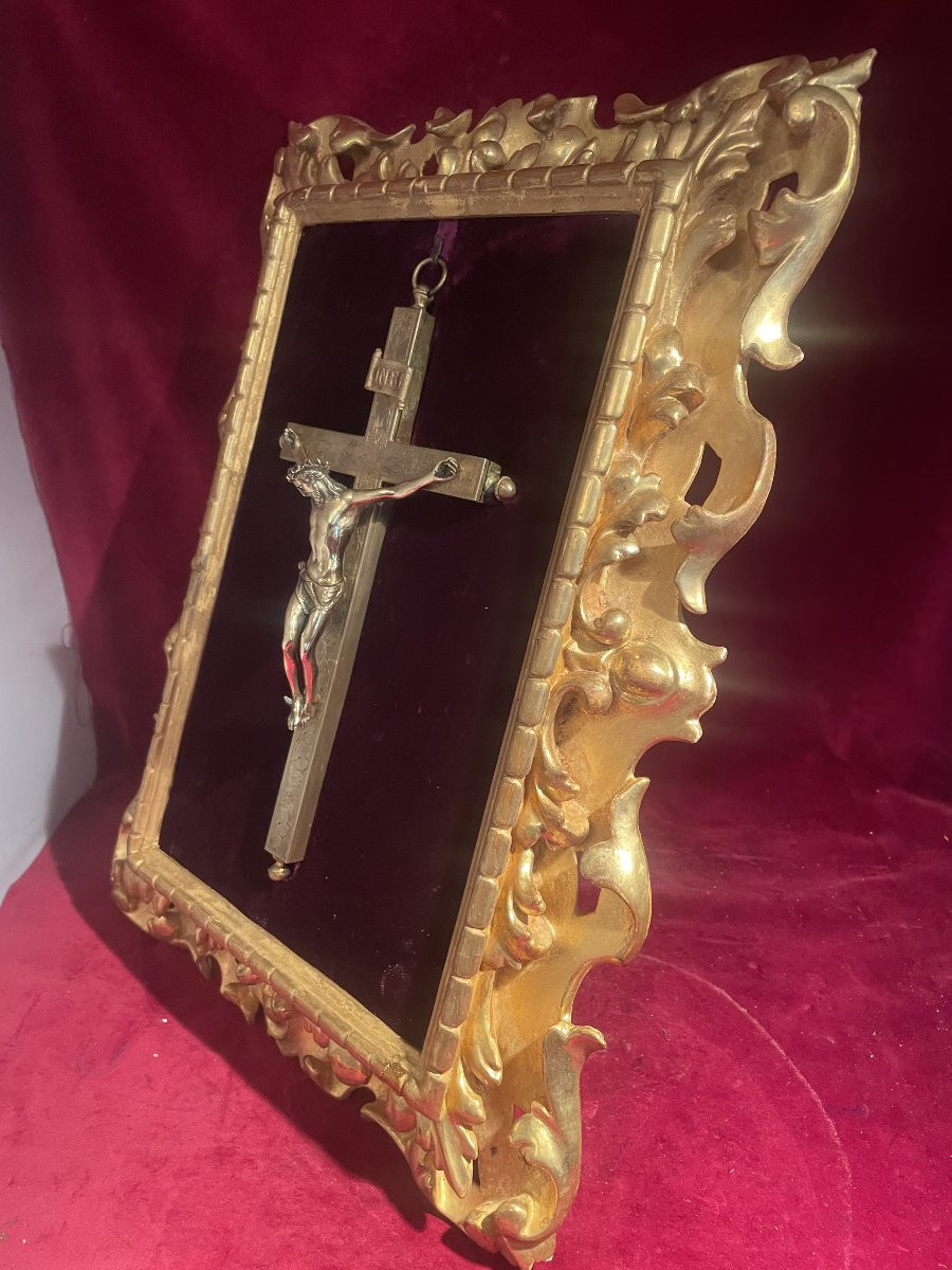 CROIX RELIQUAIRE BRONZE DORE DANS UN CADRE ITALIEN-photo-5