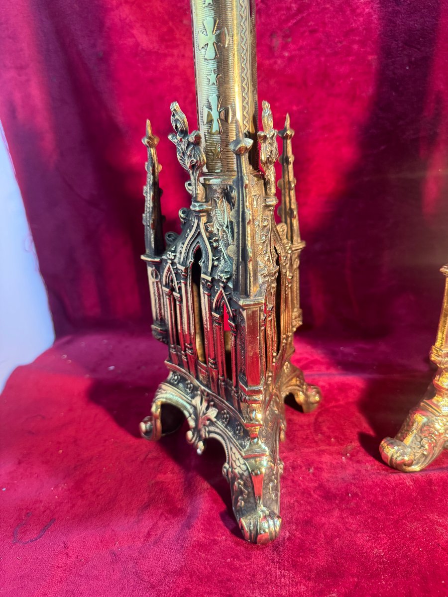 Pair Of Neo-gothic Altar Candlesticks-photo-2