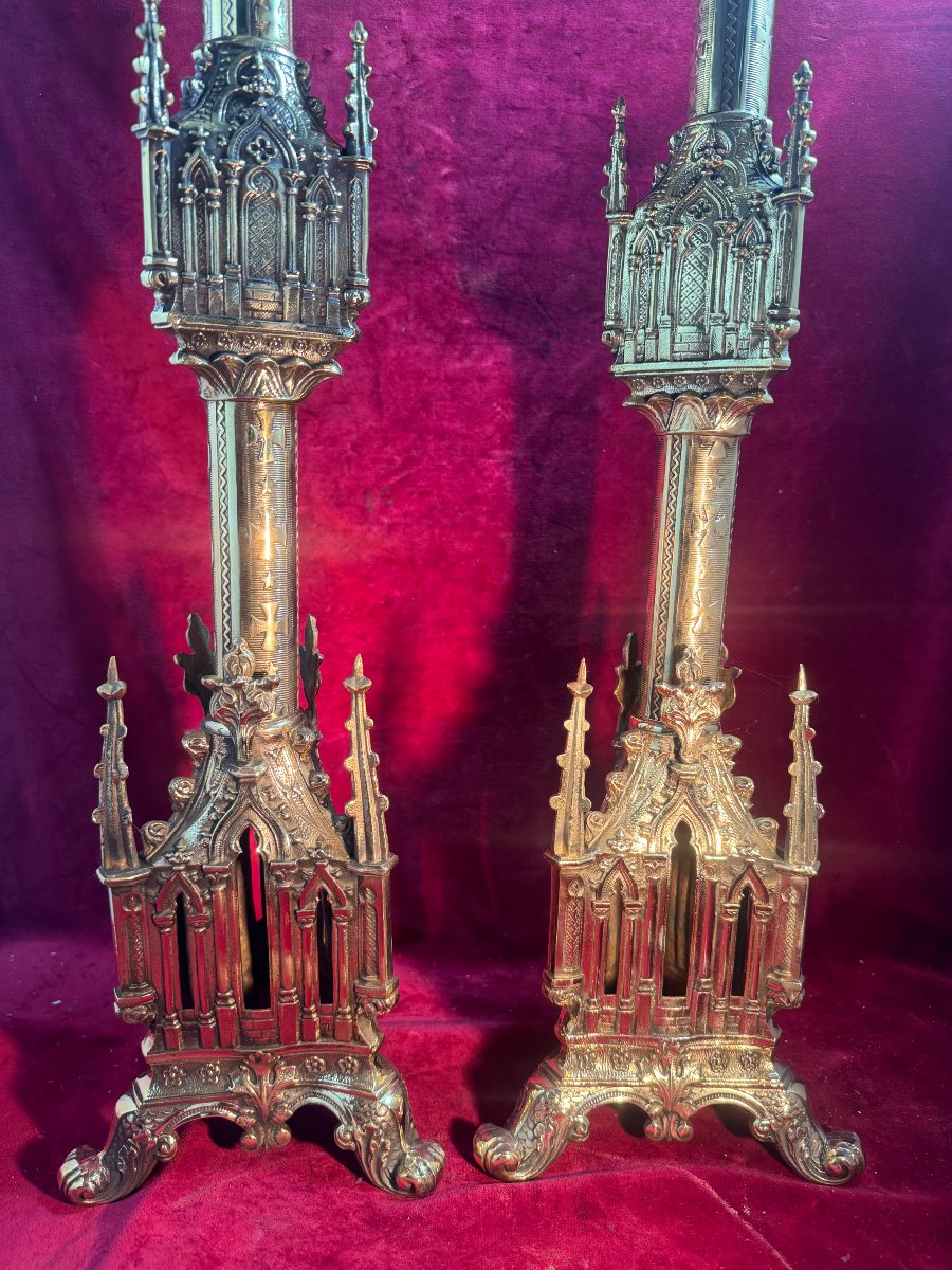 Pair Of Neo-gothic Altar Candlesticks-photo-2