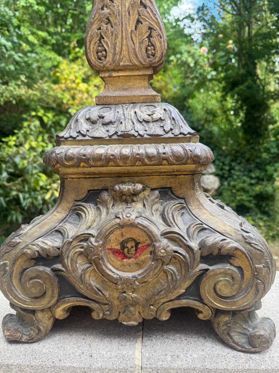 CROIX BOIS DORE GRAND MODELE AVEC VERRE EGLOMISE PEINTE SOUS VERRE 18 EME-photo-2