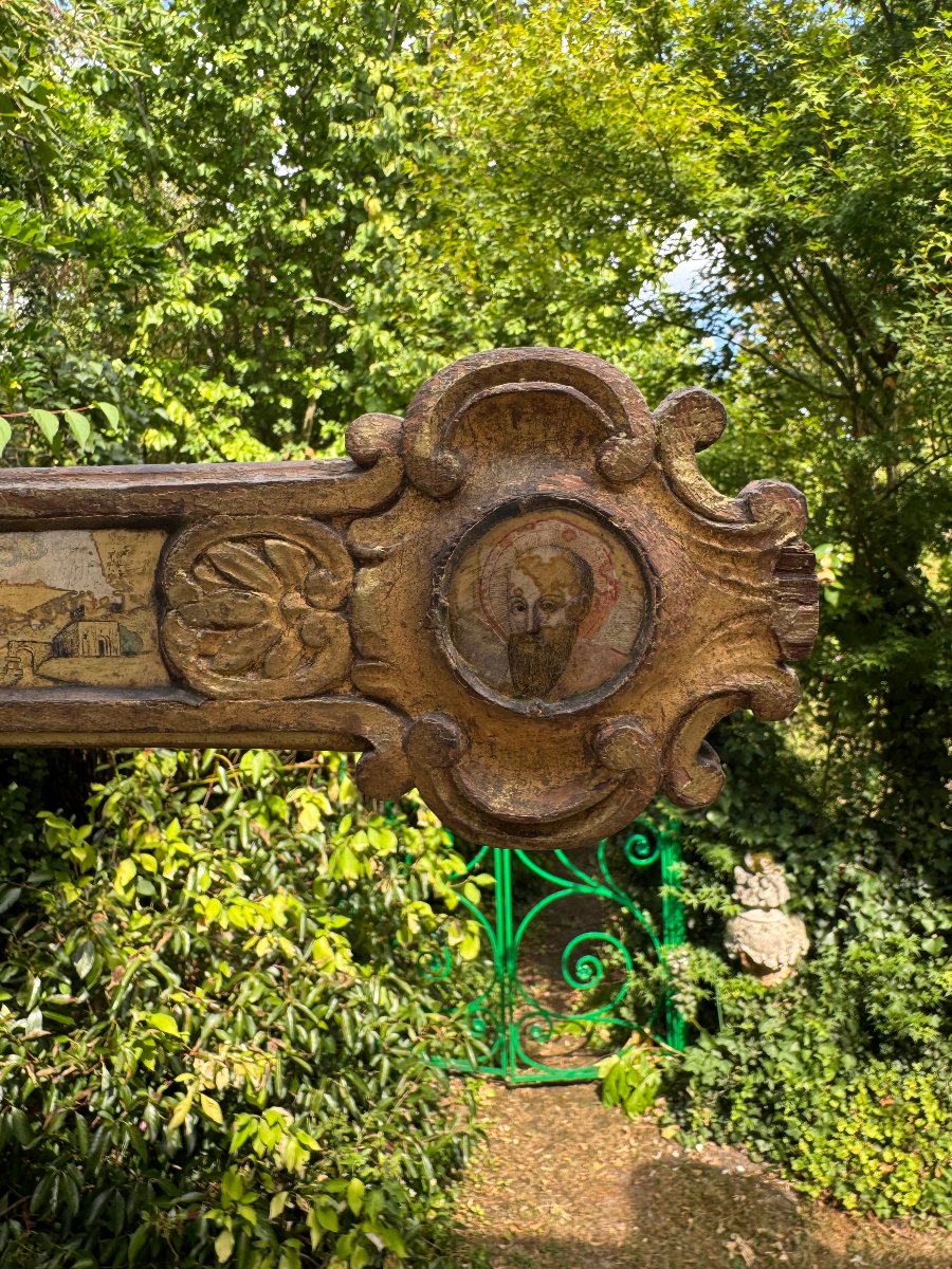 CROIX BOIS DORE GRAND MODELE AVEC VERRE EGLOMISE PEINTE SOUS VERRE 18 EME-photo-3