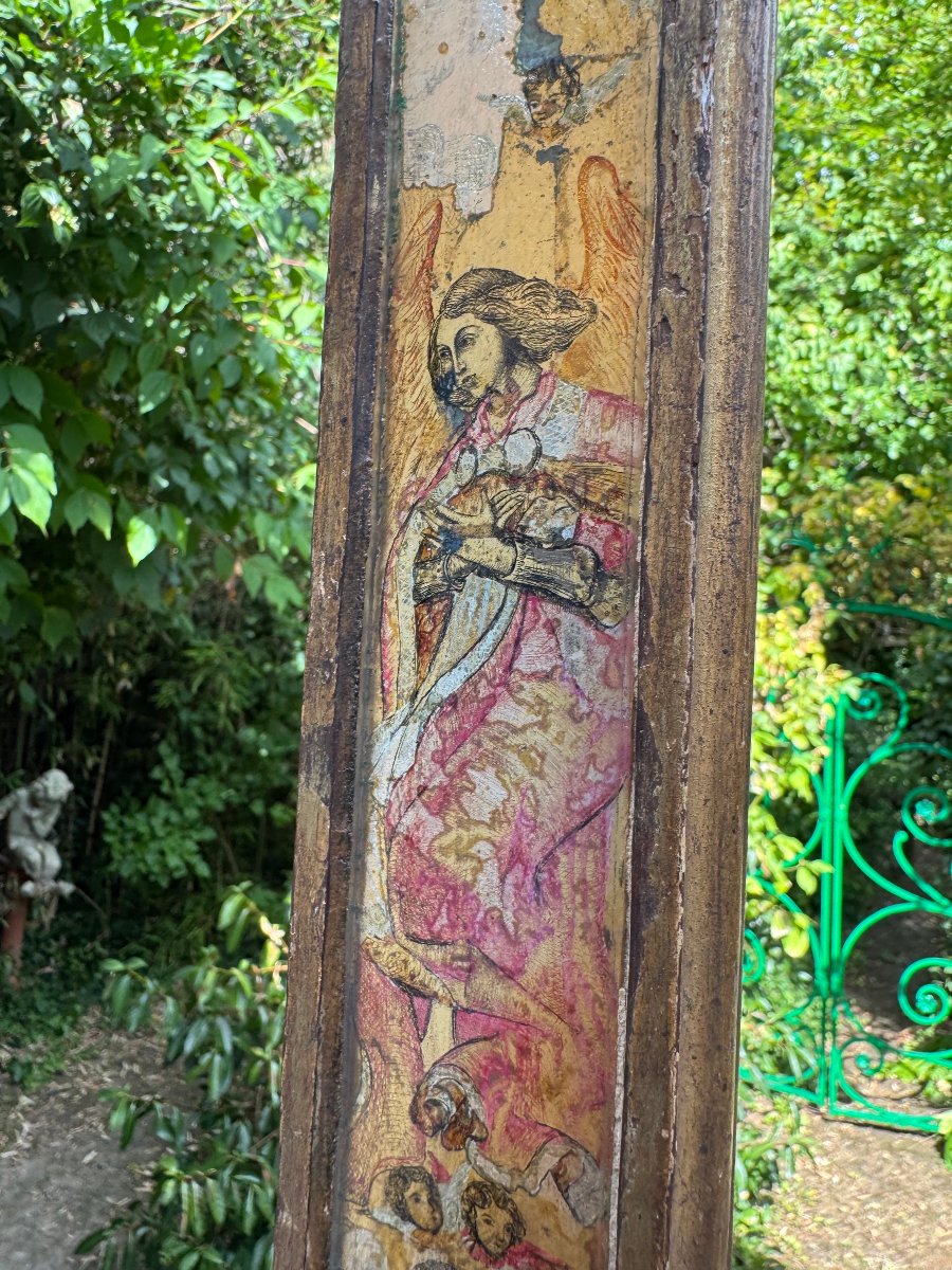 CROIX BOIS DORE GRAND MODELE AVEC VERRE EGLOMISE PEINTE SOUS VERRE 18 EME-photo-2