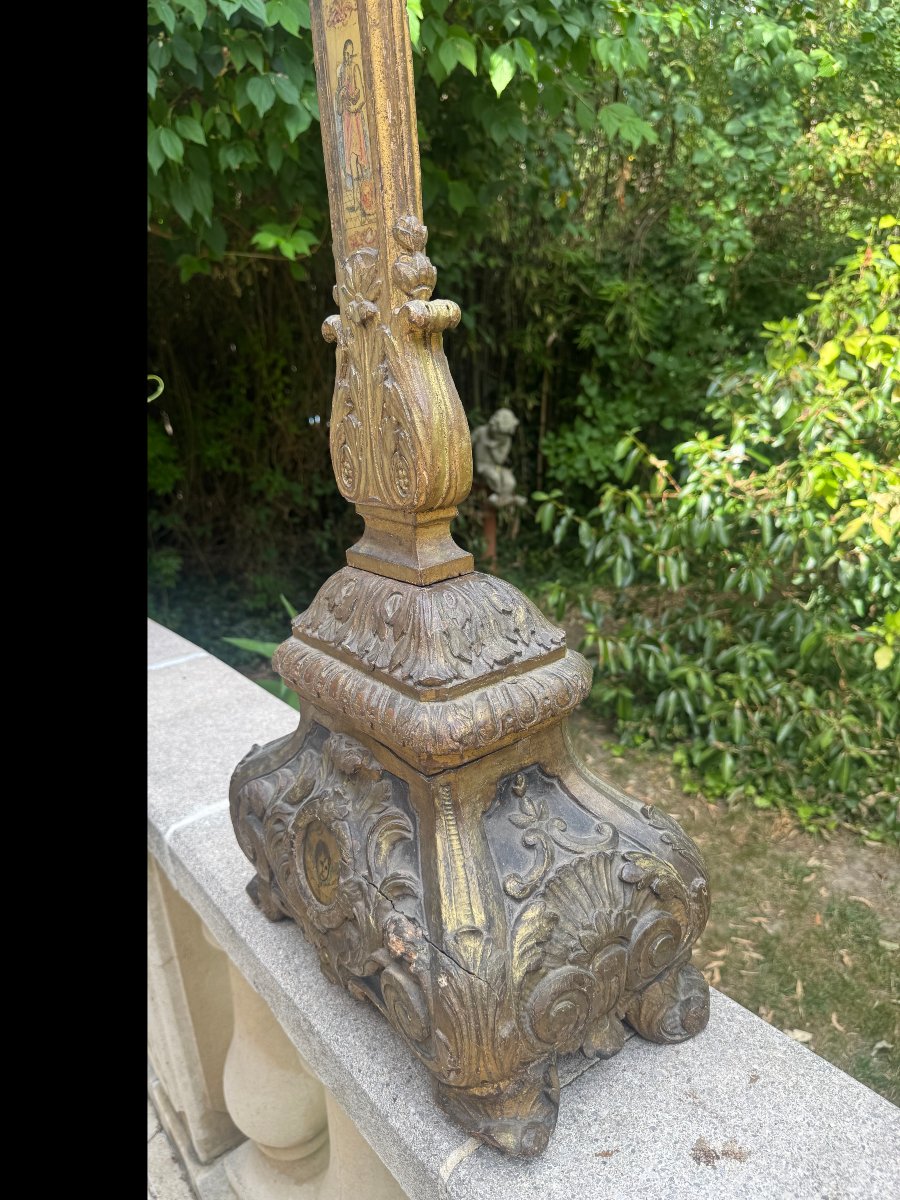 CROIX BOIS DORE GRAND MODELE AVEC VERRE EGLOMISE PEINTE SOUS VERRE 18 EME-photo-4