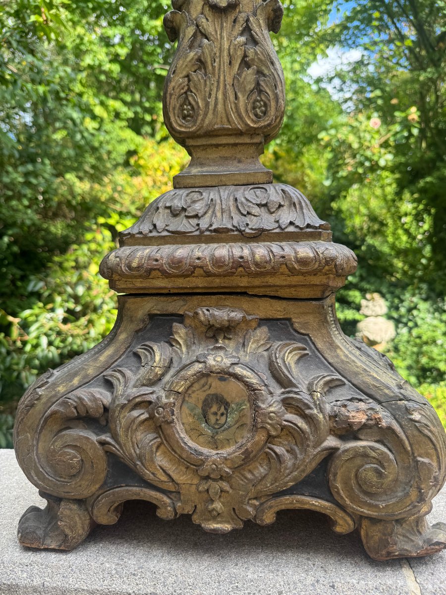 CROIX BOIS DORE GRAND MODELE AVEC VERRE EGLOMISE PEINTE SOUS VERRE 18 EME-photo-6