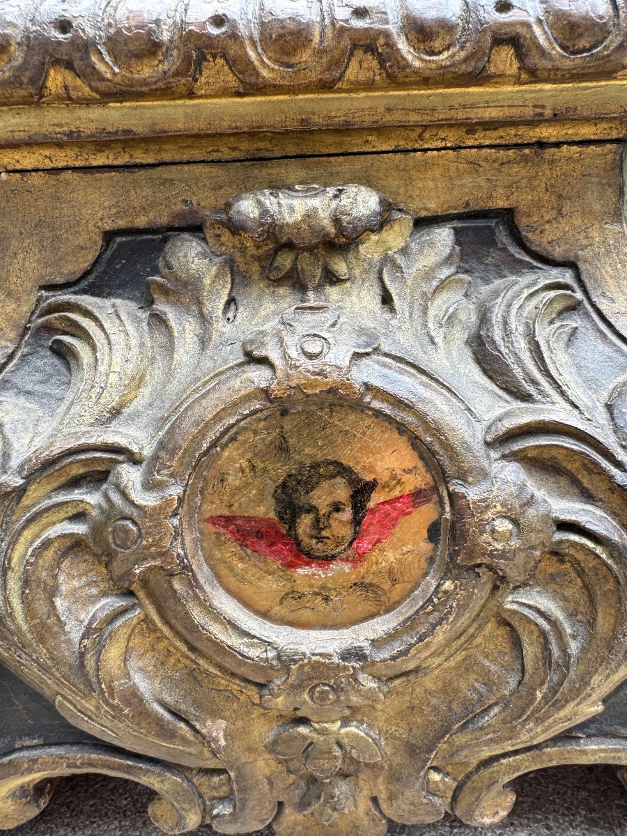 CROIX BOIS DORE GRAND MODELE AVEC VERRE EGLOMISE PEINTE SOUS VERRE 18 EME-photo-7