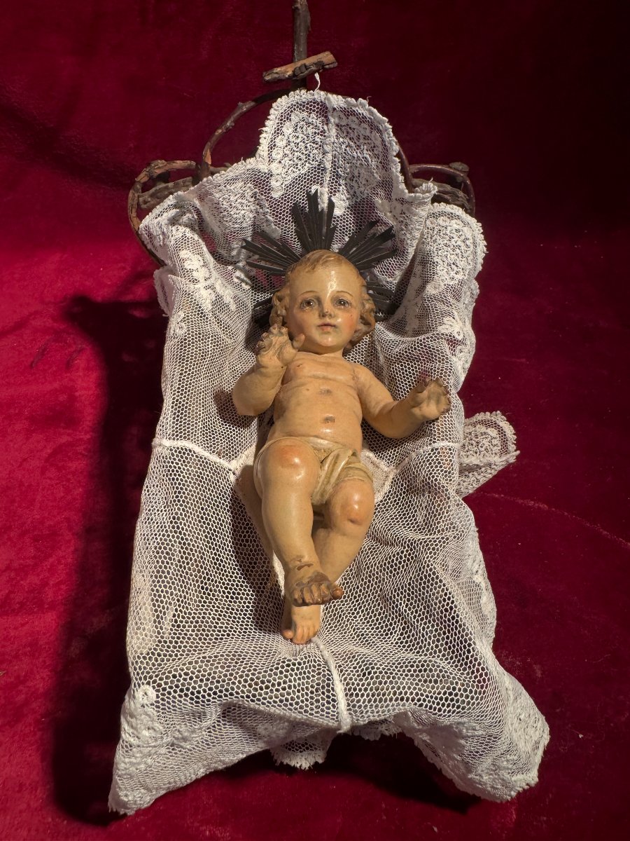 Jesus In His Wooden Cradle With Glass Eyes 