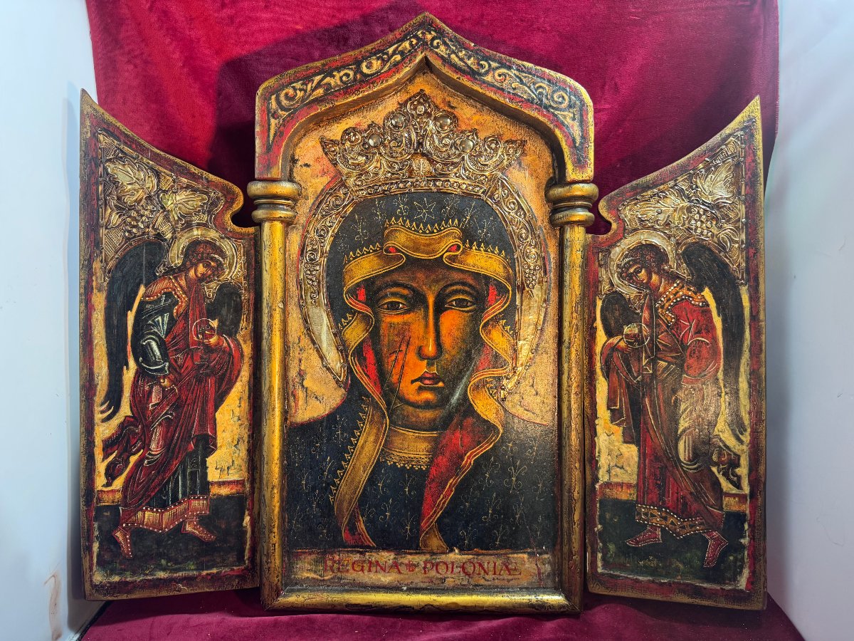 Painted Wooden Triptych: Queen Of Poland And Angels