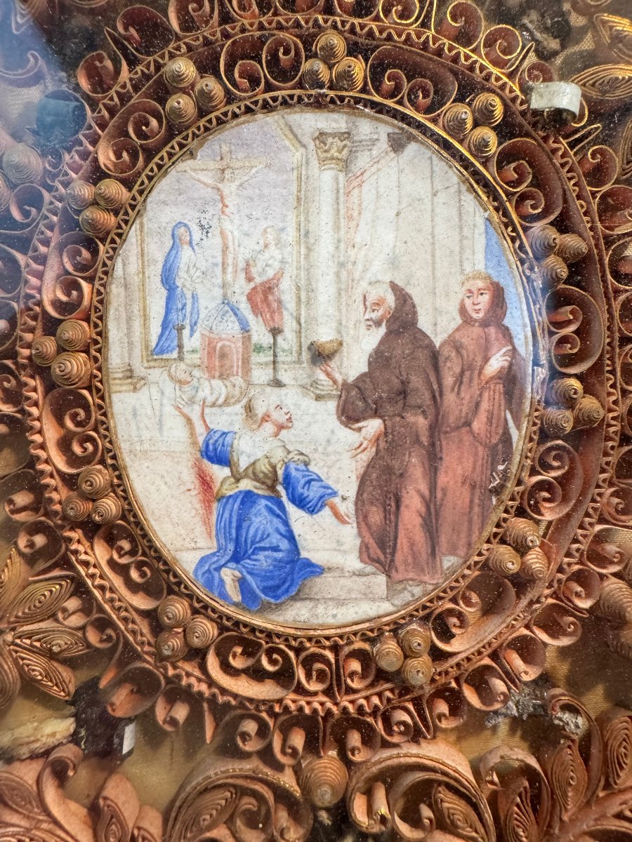 PAPEROLLE RELIQUAIRE 18 EME SIECLE AQUARELLE PERSONNAGES RELIGIEUX-photo-2