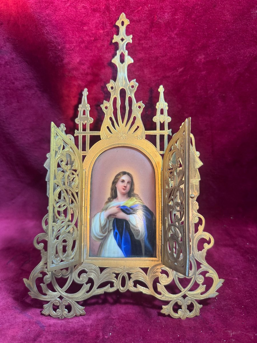 ORATOIRE DE CHEVET TRIPTYQUE  PORCELAINE PEINTE 