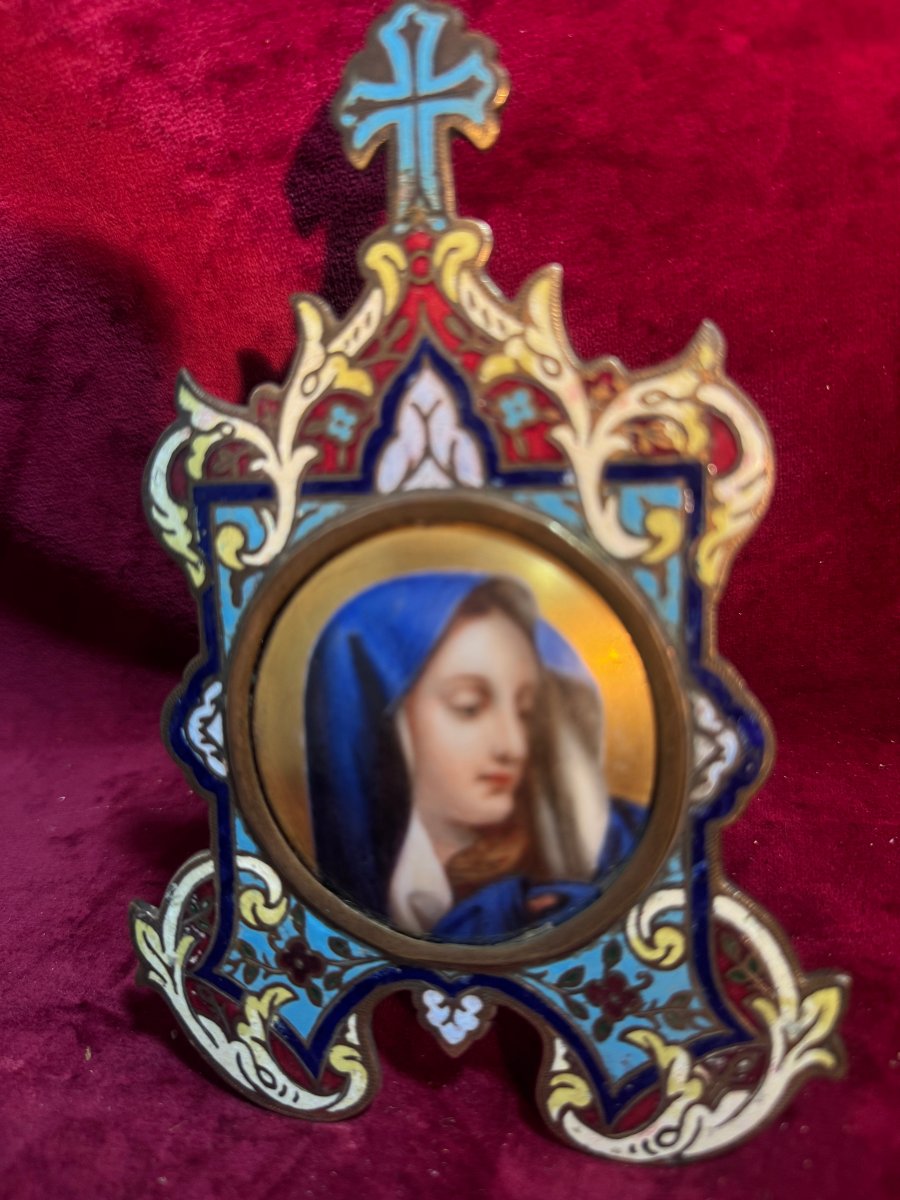 Chevet Oratorio, Painted Porcelain: Virgin With A Blue Veil, Champlevé Enamel-photo-3