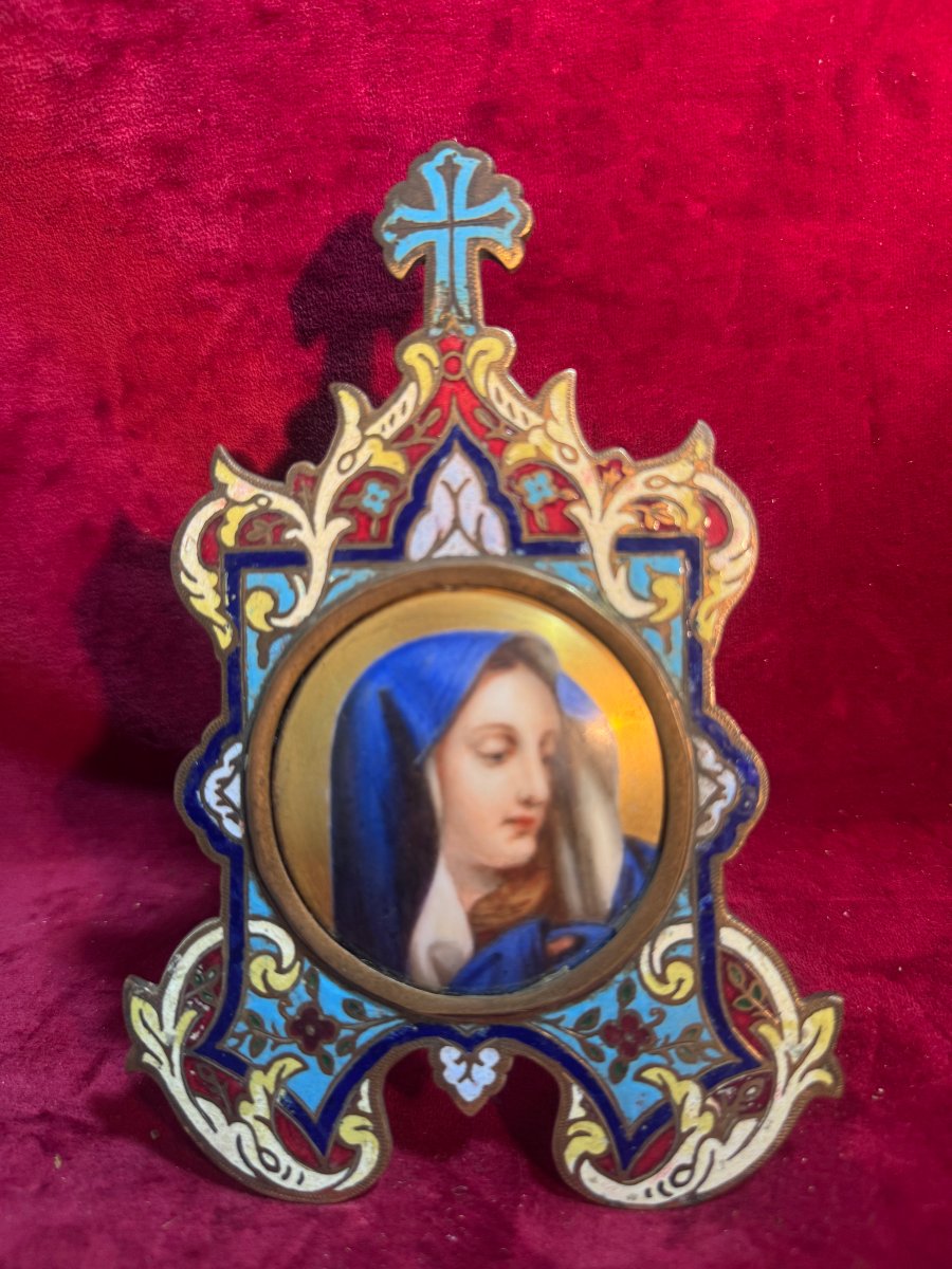 Chevet Oratorio, Painted Porcelain: Virgin With A Blue Veil, Champlevé Enamel