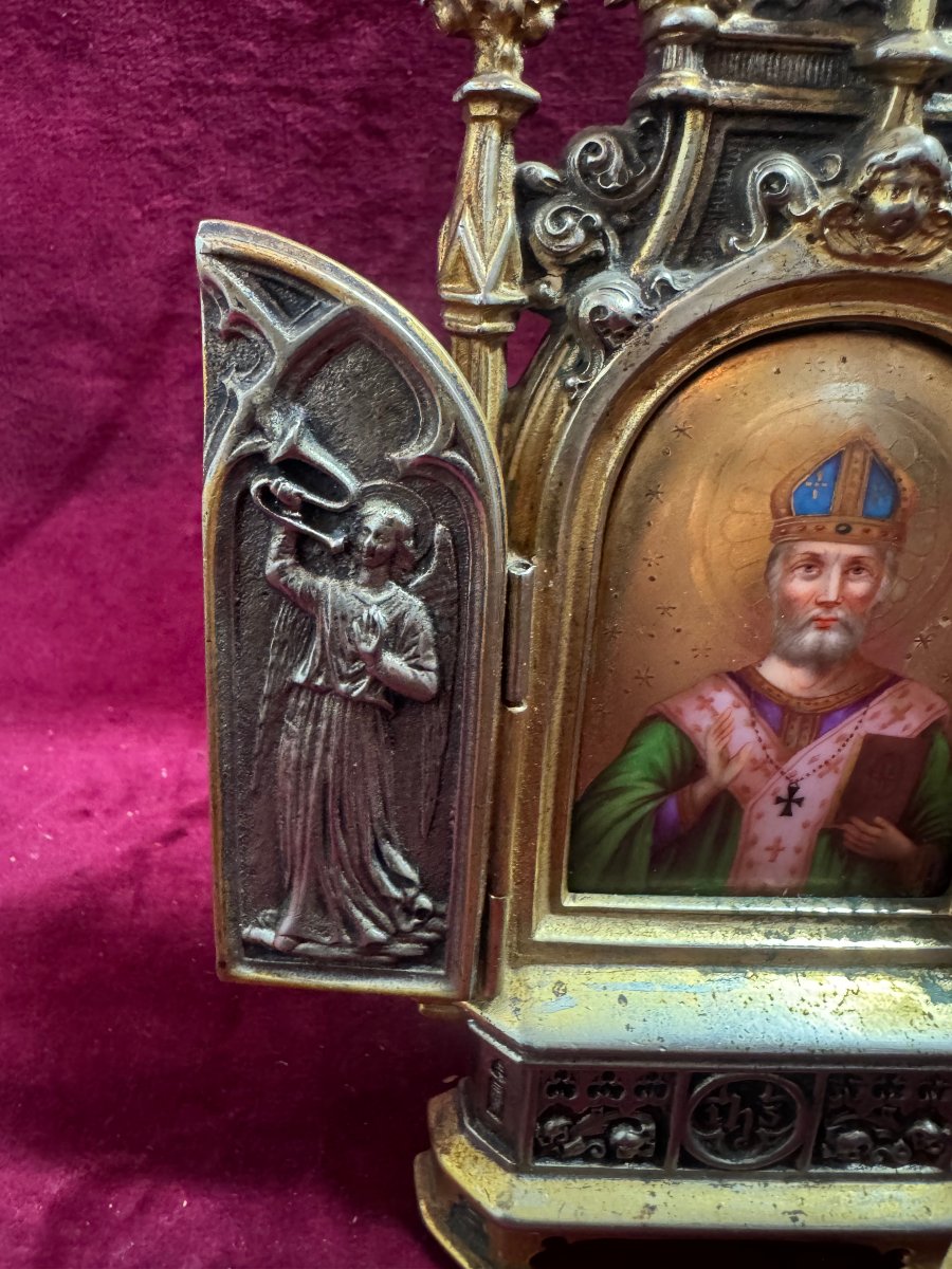 TRIPTYQUE DE CHEVET BRONZE DORE EVEQUE ORTHODOXE-photo-3