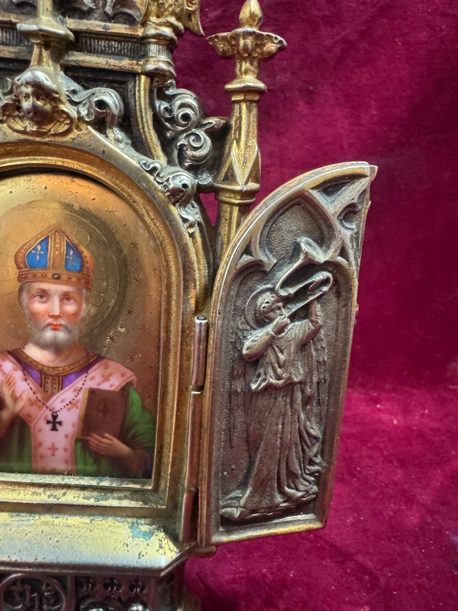 TRIPTYQUE DE CHEVET BRONZE DORE EVEQUE ORTHODOXE-photo-1