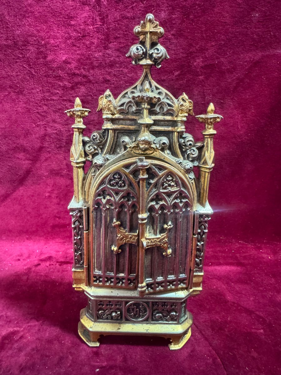 TRIPTYQUE DE CHEVET BRONZE DORE EVEQUE ORTHODOXE-photo-3