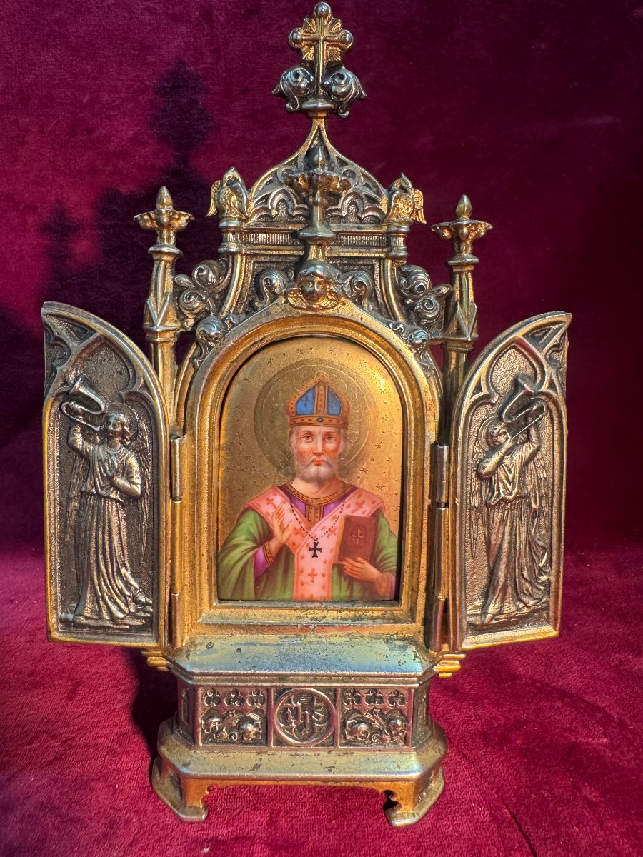 TRIPTYQUE DE CHEVET BRONZE DORE EVEQUE ORTHODOXE