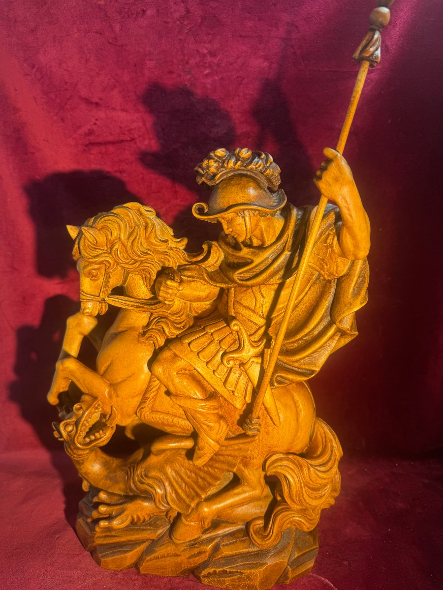 SAINT GEORGES TERRASSANT LE DRAGON  STATUE BOIS 