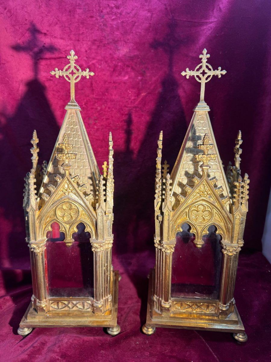 Pair Of Gilded Bronze Reliquaries In The Shape Of A Chapel-photo-2