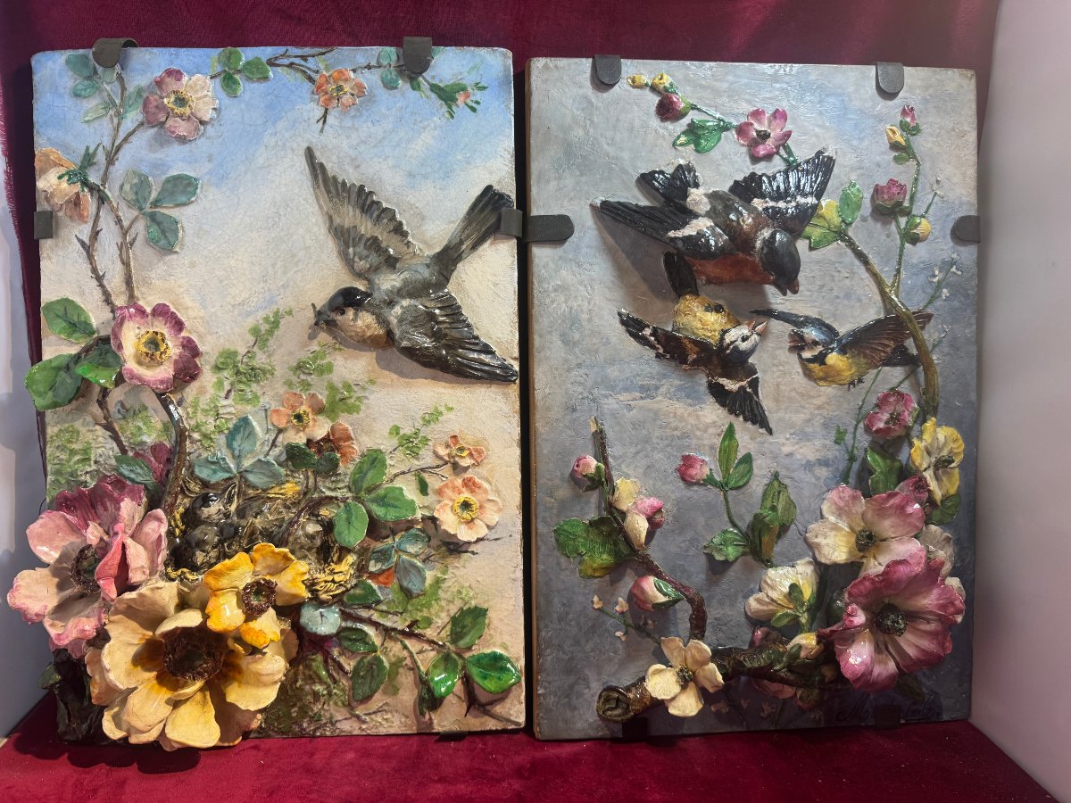 Flowers And Birds Barbotine Plates, Monaco 