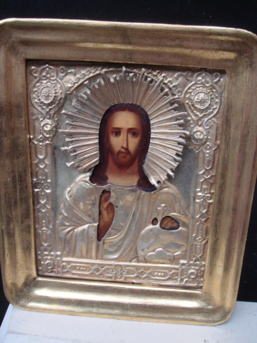 Icone Grec Representant Le Christ Laiton Plaque Or Et Cadre Dore-photo-3