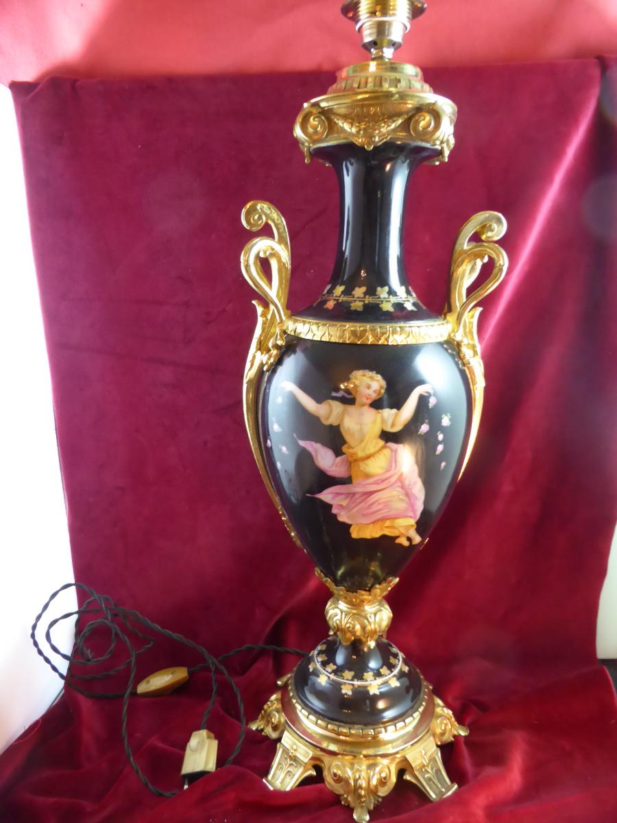 Pied De Lampe Napoleoniii Faience Peinte Et Bronze