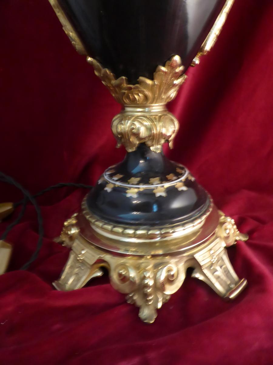 Pied De Lampe Napoleoniii Faience Peinte Et Bronze-photo-3