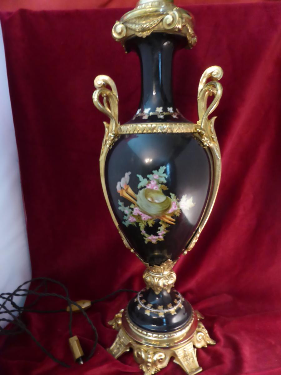 Pied De Lampe Napoleoniii Faience Peinte Et Bronze-photo-1