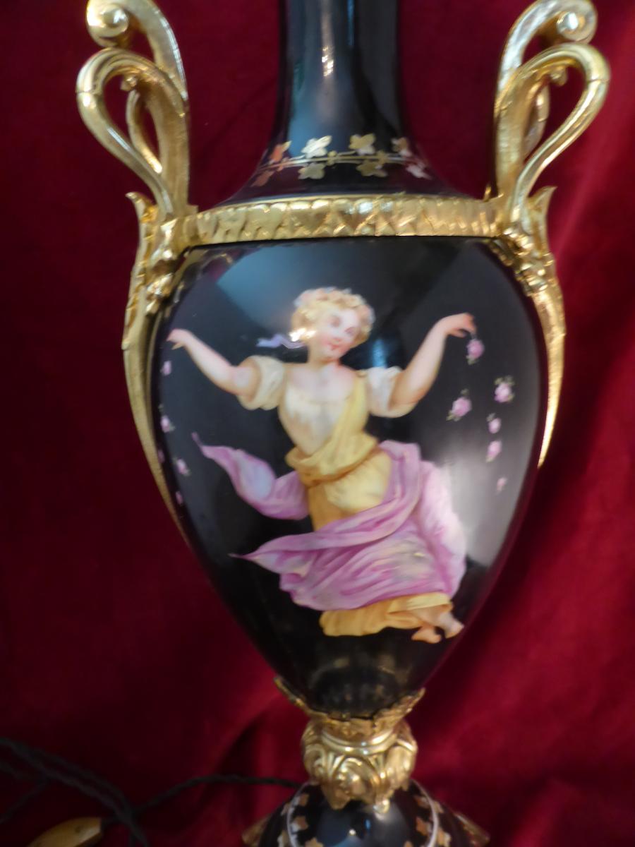 Pied De Lampe Napoleoniii Faience Peinte Et Bronze-photo-3