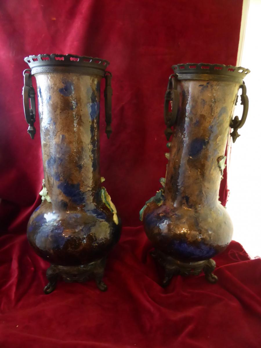 Pair Of Vases Barbotine Bronze Mount-photo-1