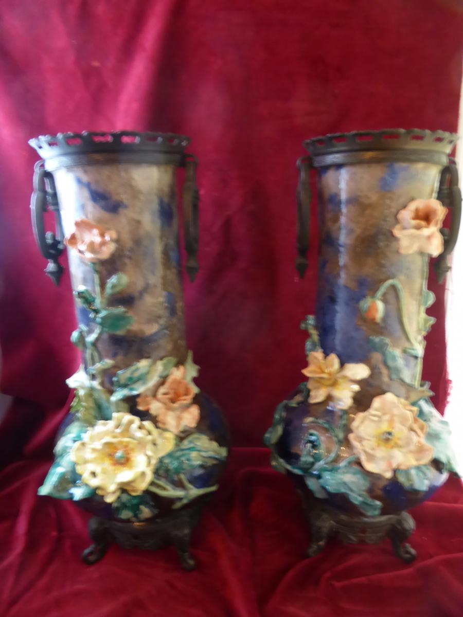 Paire De Vases Barbotine Monture Bronze-photo-4