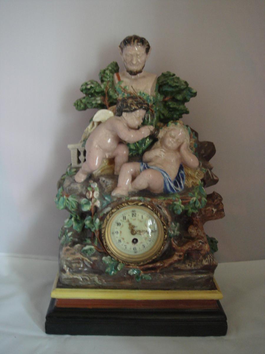 Ceramic Clock And Wildlife Cherubins