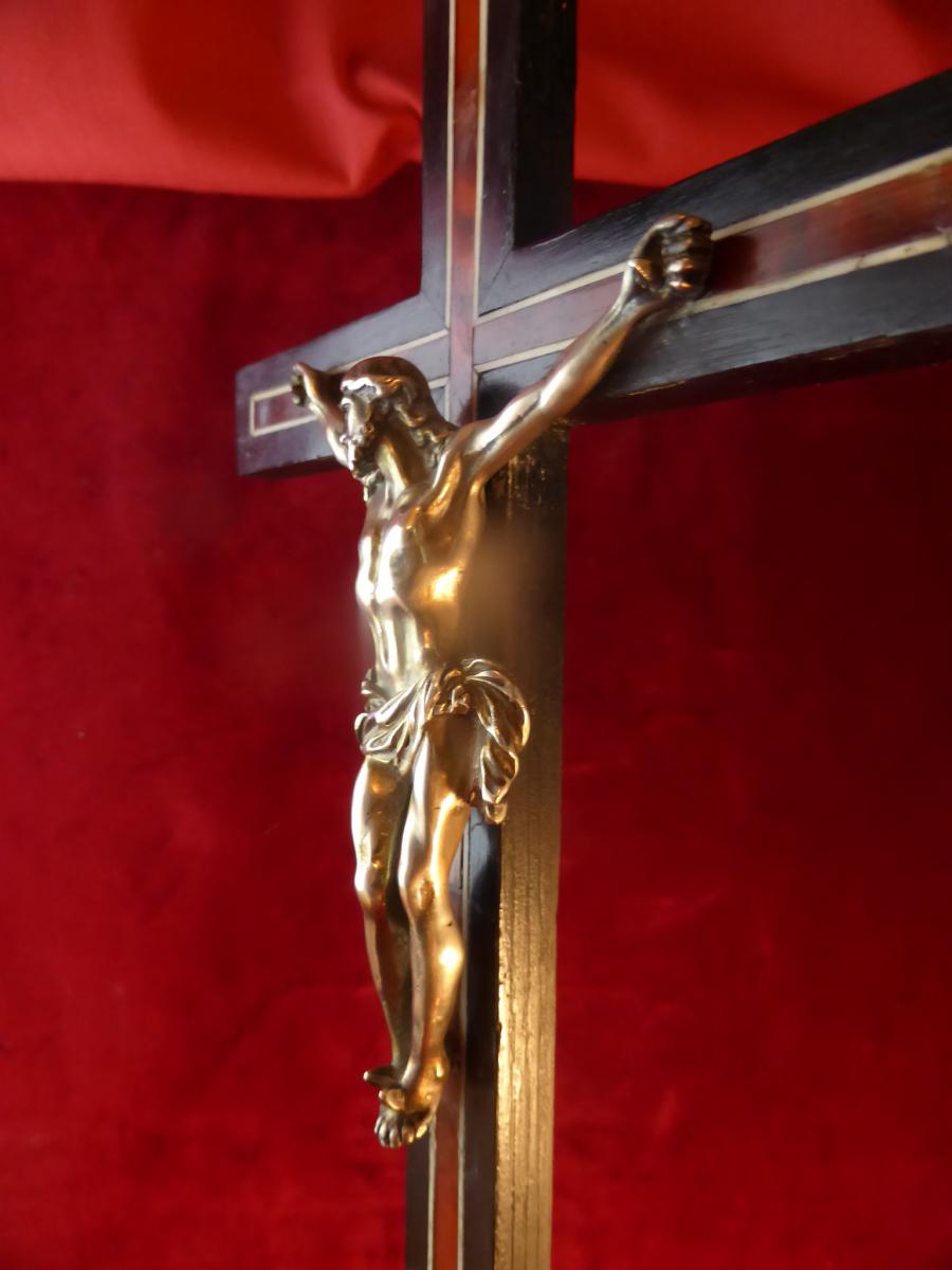 Crucifix Ebene Et Ecaille Christ En Argent Massif-photo-1