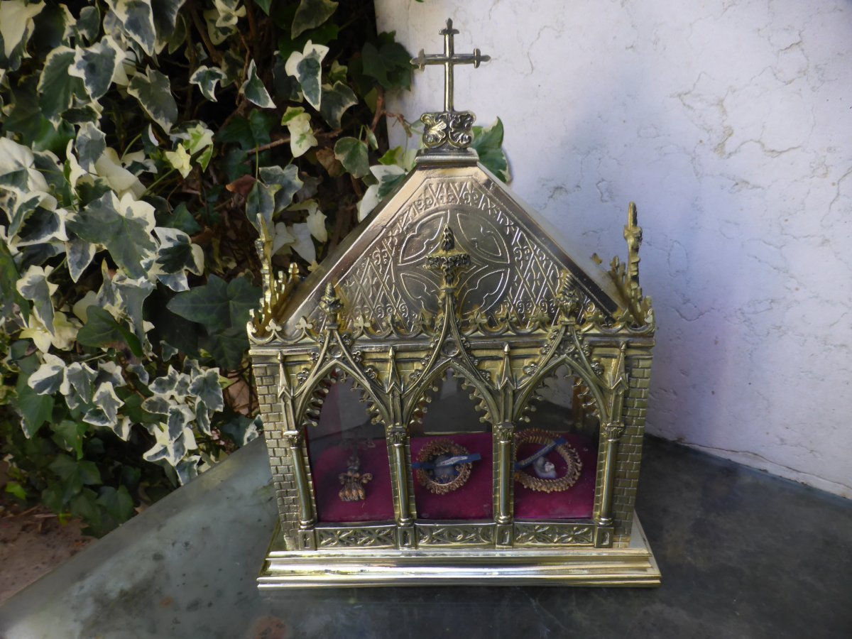 Chasse Reliquaire En Bronze Dore En Forme De Chapelle-photo-2