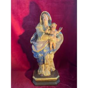 Vierge A L Enfant En Bois Polychrome XVIII Eme Siecle