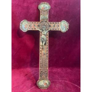 Gilded Bronze And Copper Tetramorph Crucifix With Watercolor Corners