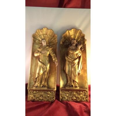 Pair Of Top Two Saints Bois Dore Reliefs