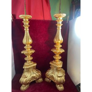 Pair Of Candlesticks In Golden Wood