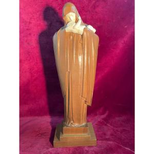 VIERGE A L ENFANT ACAJOU ET IVOIRE HEUVELMANS CHRISELEPHANTINE ART DECO