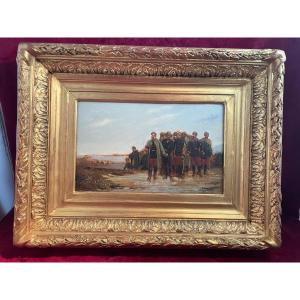 TABLEAU SUR PANNEAU ACAJOU SOLDATS NAPOLEON III 