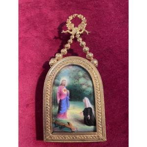 Marguerite Mary And Sacred Heart Medallion, Painted Porcelain