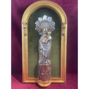 Enameled Virgin And Child, Half-round Carving