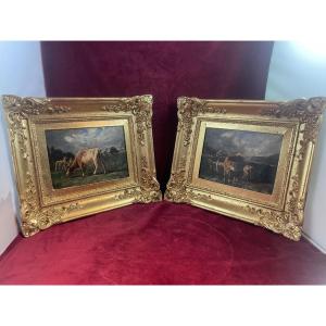 PAIRE DE TABLEAUTINS  VACHES DANS LE PRE SIGNE BROQUELET 