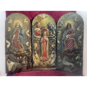 TRIPTYQUE PLAQUES BRONZE PEINTES 18 EME SIECLE 