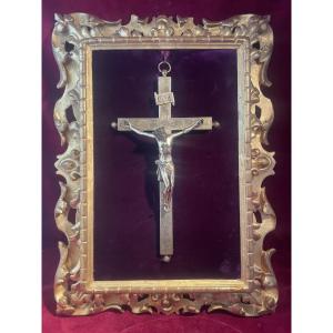 Gilded Bronze Reliquary Cross In An Italian Frame