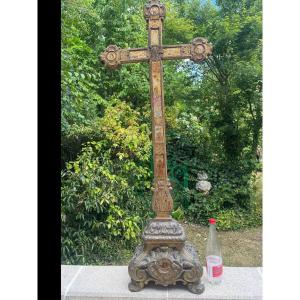 Large Gilded Wooden Cross With Eglomise Glass And Painting Under Glass, 18th Century