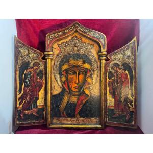 TRIPTYQUE BOIS PEINT REINE DE POLOGNE ANGES