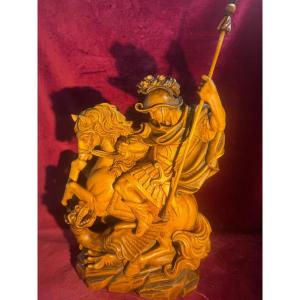 SAINT GEORGES TERRASSANT LE DRAGON STATUE BOIS