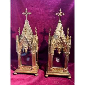 Pair Of Gilded Bronze Reliquaries In The Shape Of A Chapel