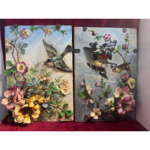 Flowers And Birds Barbotine Plates, Monaco 